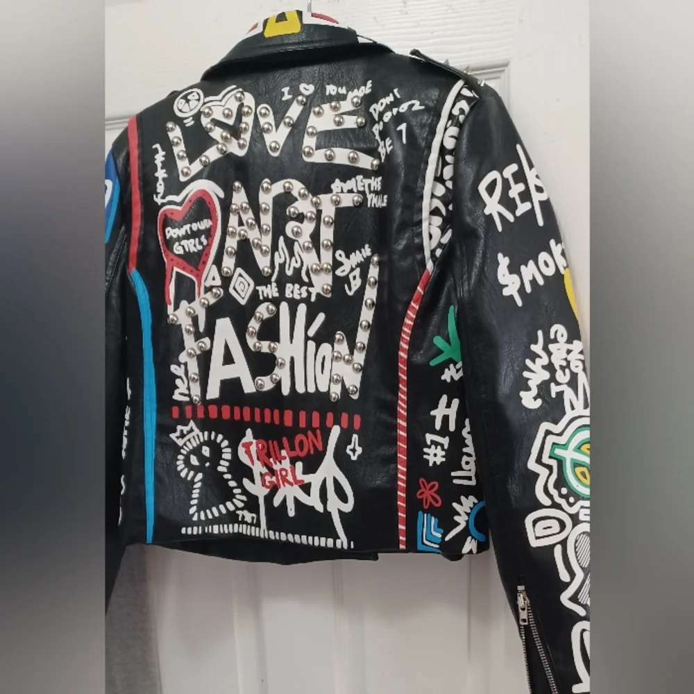 NWOT She's Dope Graffiti Faux Leather Jacket XL - Picture 2 of 6